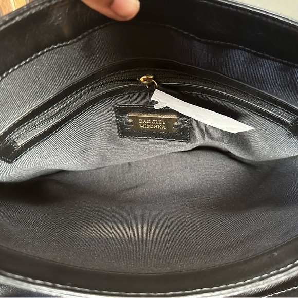 Badgley Mischka Black Leather Satchel Two—Toned Hardware Turnlock Crossbody - Picture 9 of 12